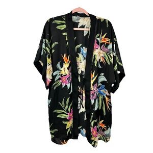 Kona Sol Tropical Floral Kimono Cover Up L/XL Black Boho Coastal Festival Beach